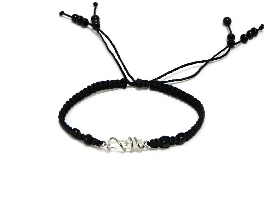 Wire Wrapped Quartz Crystal Macrame Pull Tie Bracelet