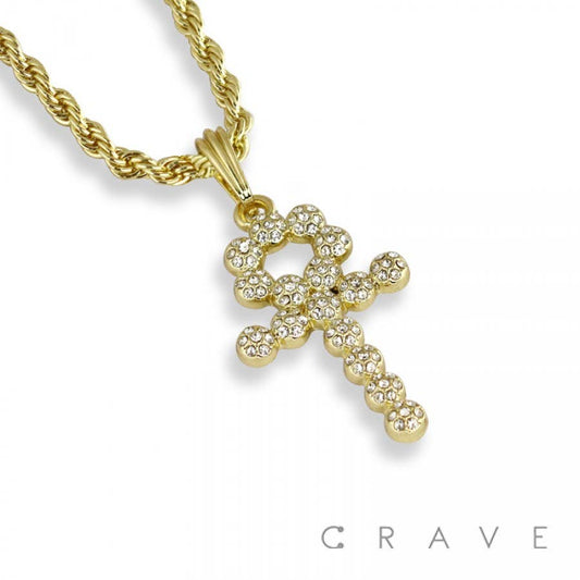 MULTI GEM PAVED BAUBLE ANKH PENDANT WITH ROPE CHAIN