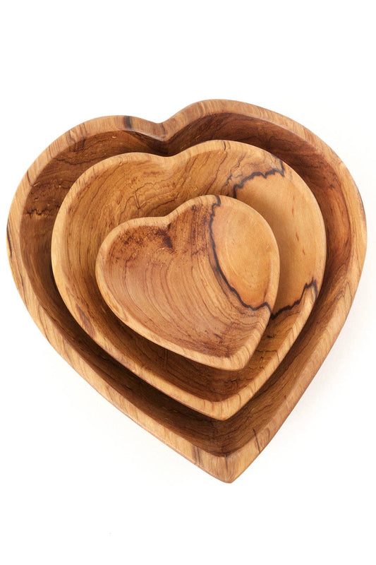 Set of Three Wild Olive Wood Nesting Heart Bowls